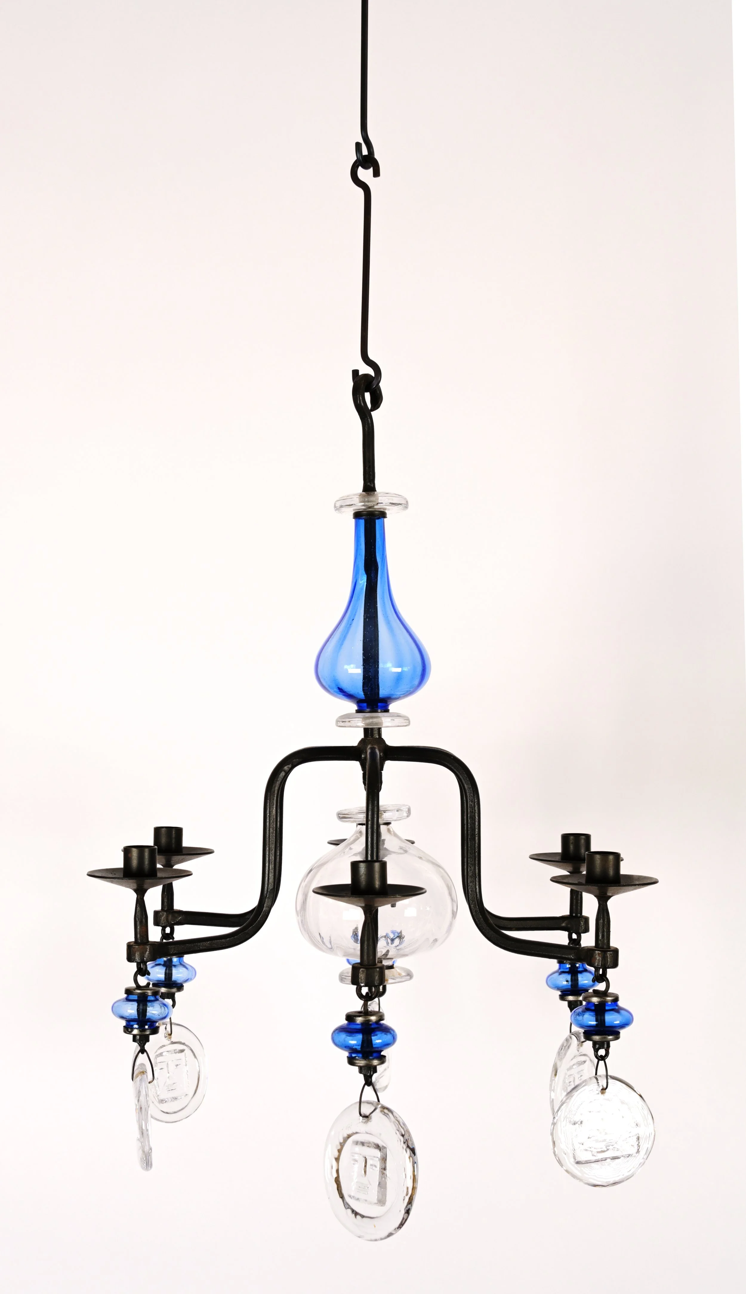 1950s Erik Hoglund Six Arm Blue Glass Chandelier — David Duncan Studio